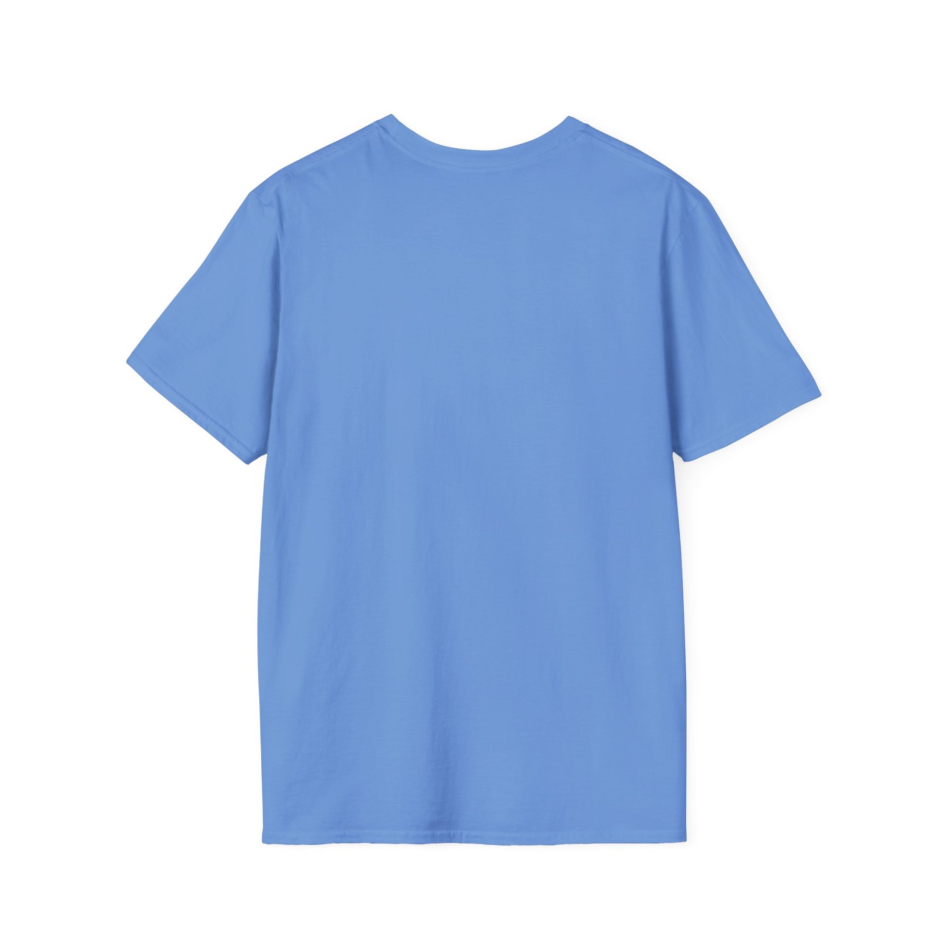 Plain blue short-sleeve cotton T-shirt laid flat showing back side on white background