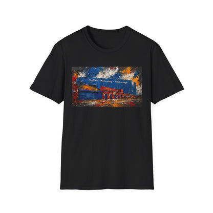 Black t-shirt with hand-painted artwork of Hillsborough stadium turnstiles, Sheffield Wednesday football ground illustration