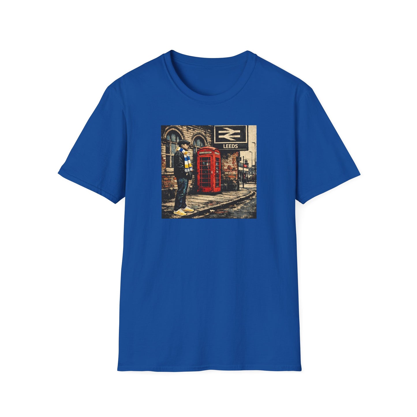 Blue t-shirt with vintage Leeds railway station print showing a man in casual wear next to a red phone booth