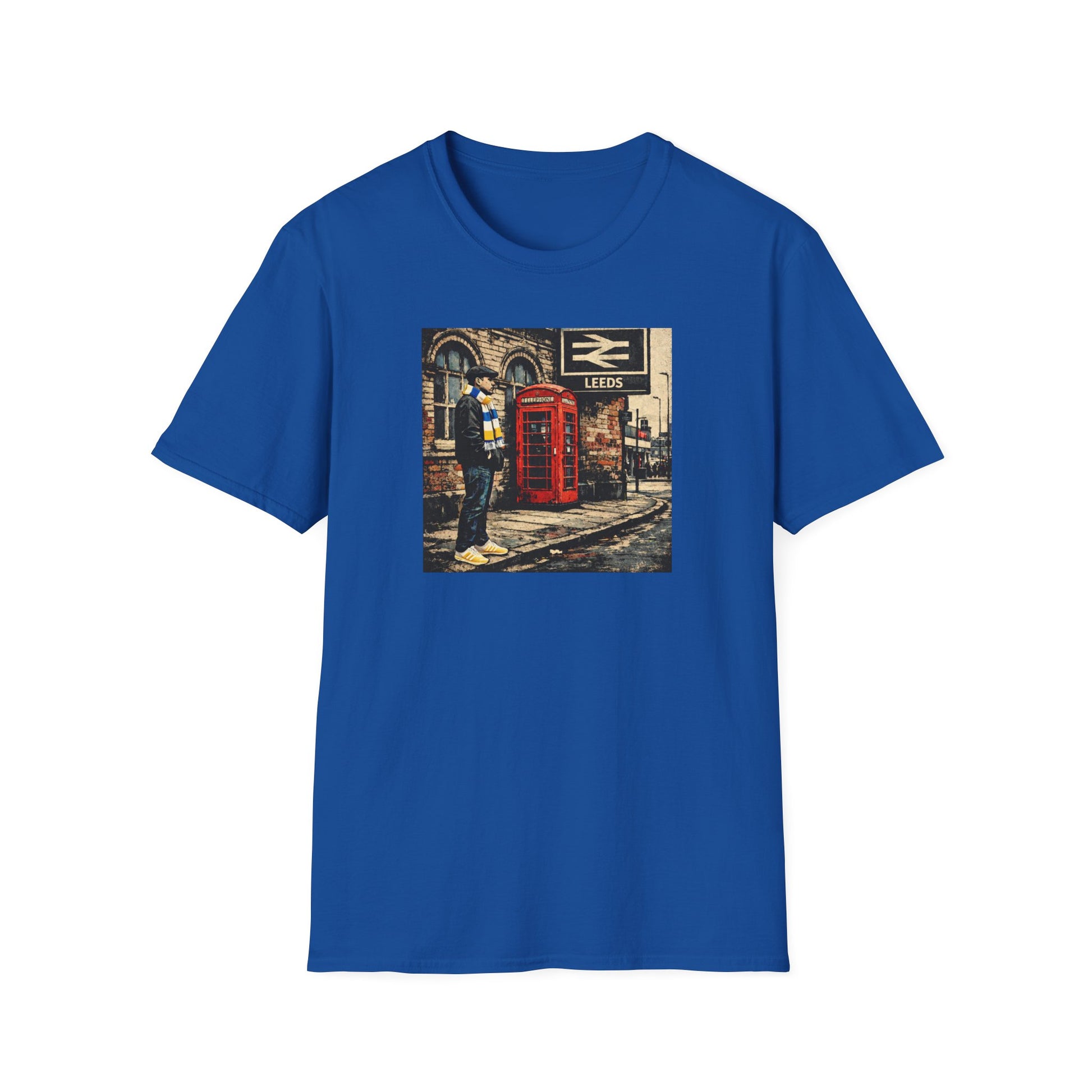 Blue t-shirt with vintage Leeds railway station print showing a man in casual wear next to a red phone booth