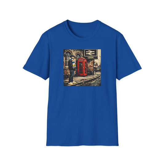 Blue t-shirt with vintage Leeds railway station print showing a man in casual wear next to a red phone booth