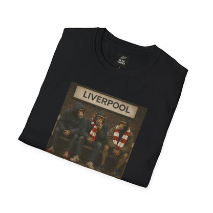 Black Liverpool LFC northern monkeys t-shirt with 'LIVERPOOL' text on a white backgrond 