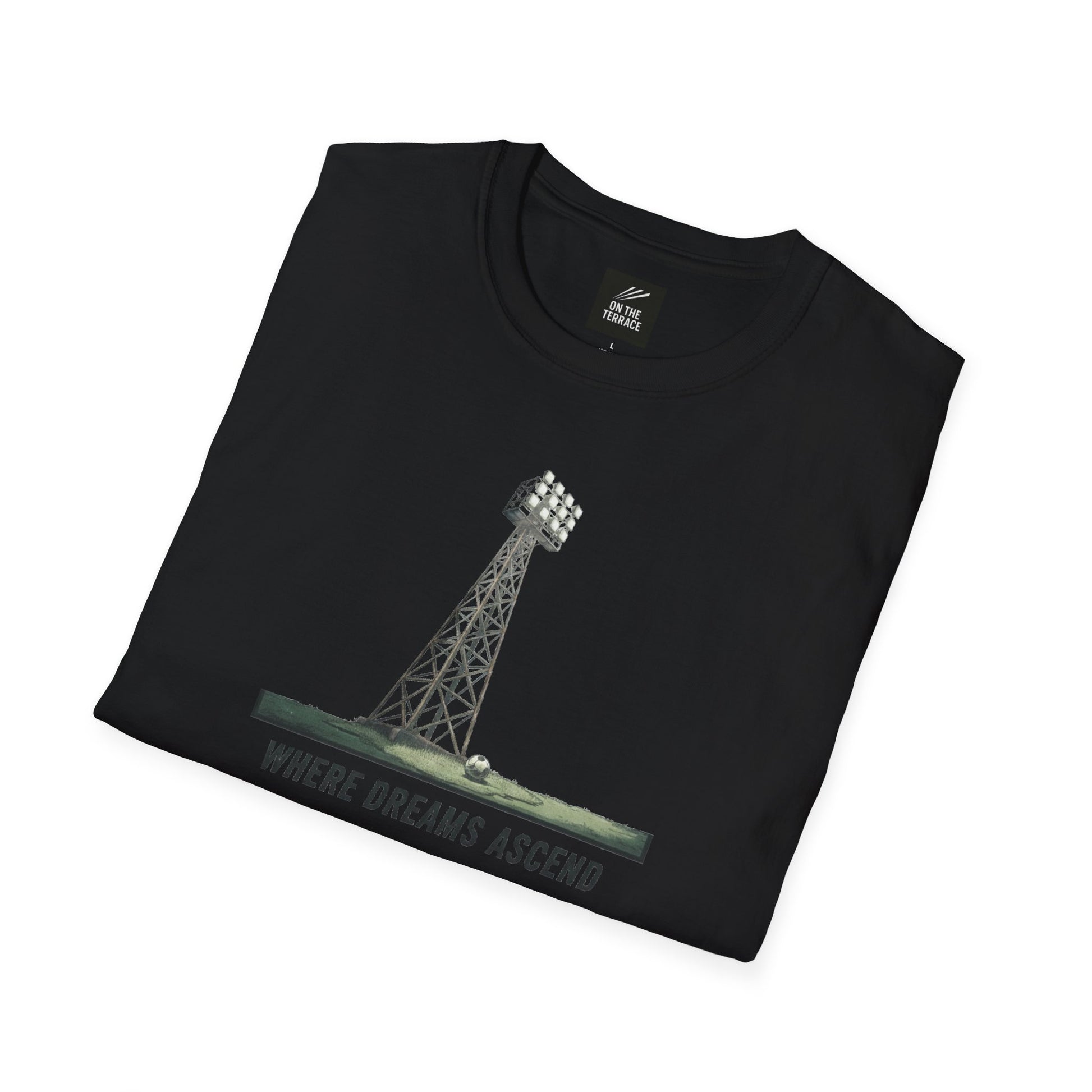 Black T-shirt with stadium floodlight tower graphic and text 'Where Dreams Ascend'
