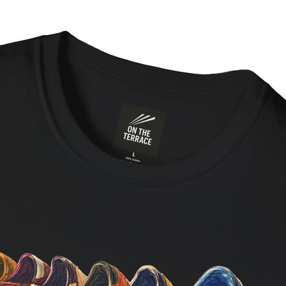 black t-shirt with 5 adidas style trainers