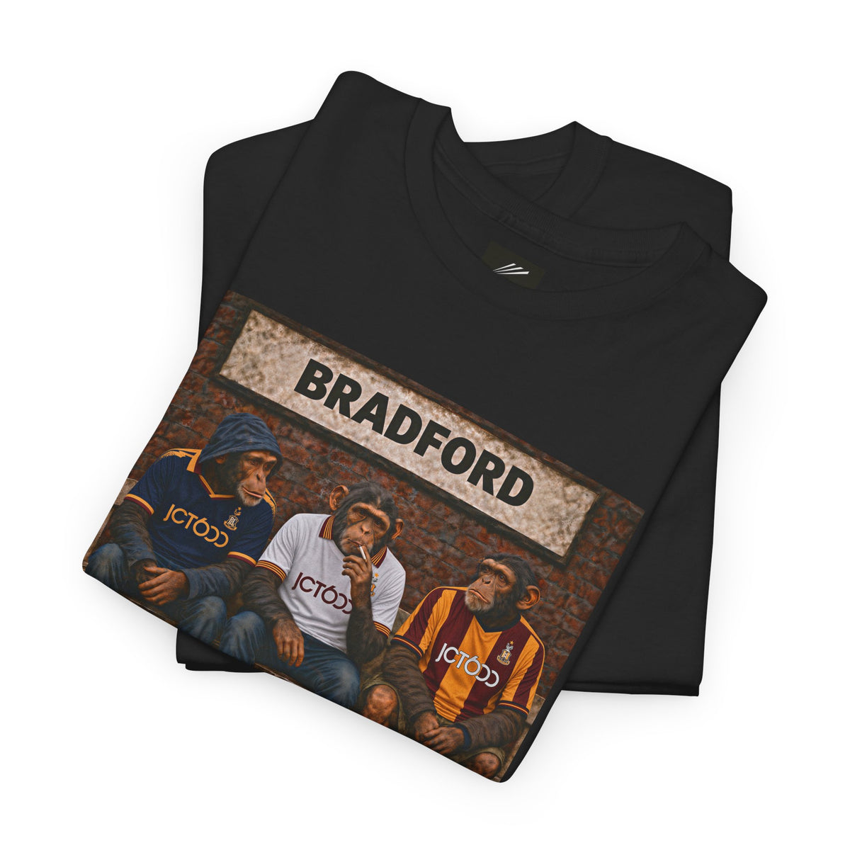 Bradford City Station Bench Trio artwork close-up on black t-shirt - On The Terrace casual wear