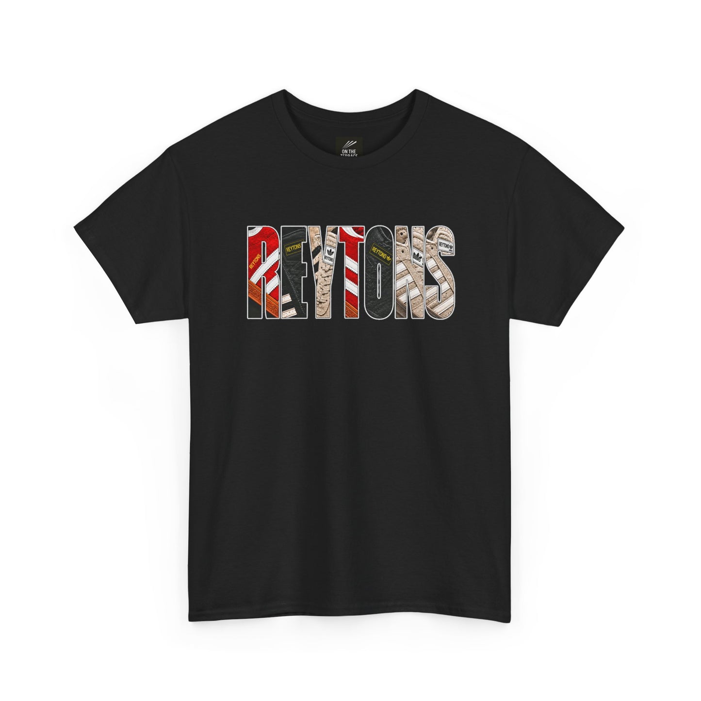 A black short-sleeve crewneck Reytons t-shirt featuring a graphic print of the word 'Reytons' across the chest, where each letter is filled with a different national flag pattern.