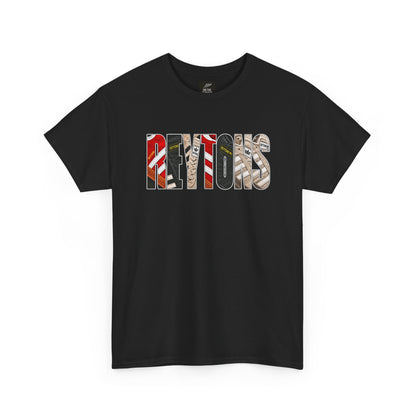 A black short-sleeve crewneck Reytons t-shirt featuring a graphic print of the word 'Reytons' across the chest, where each letter is filled with a different national flag pattern.