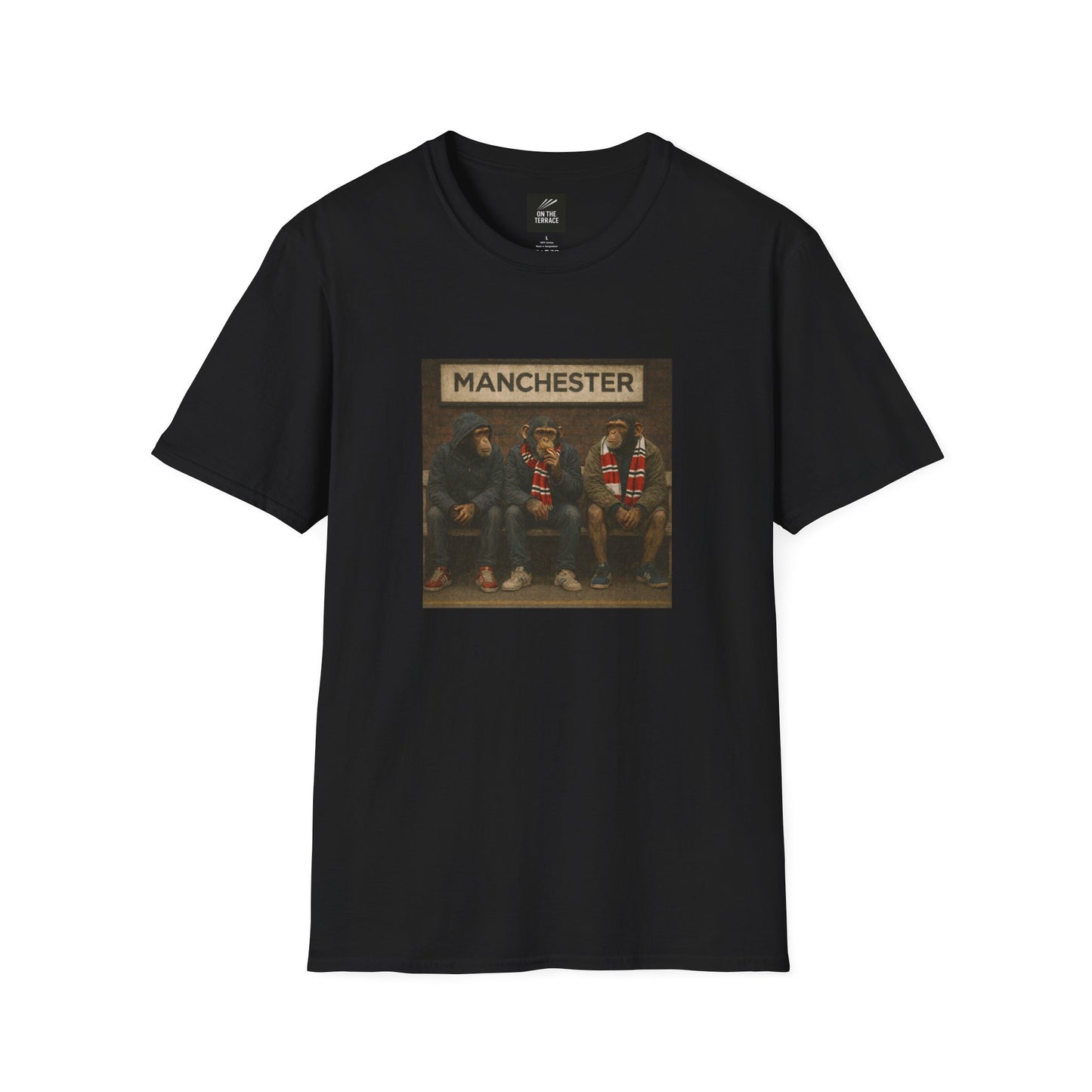 MUFC Black t-shirt with a graphic of three people wearing scarves and 'Manchester' text on a white background