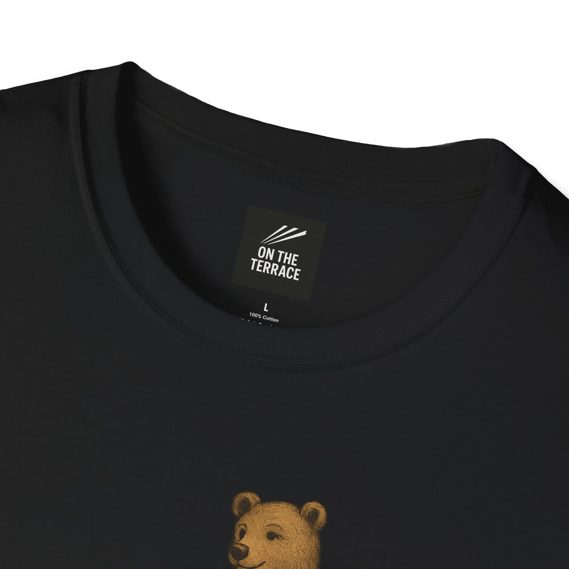 Black t-shirt with a bear illustration and 'On The Terrace' label on a white background