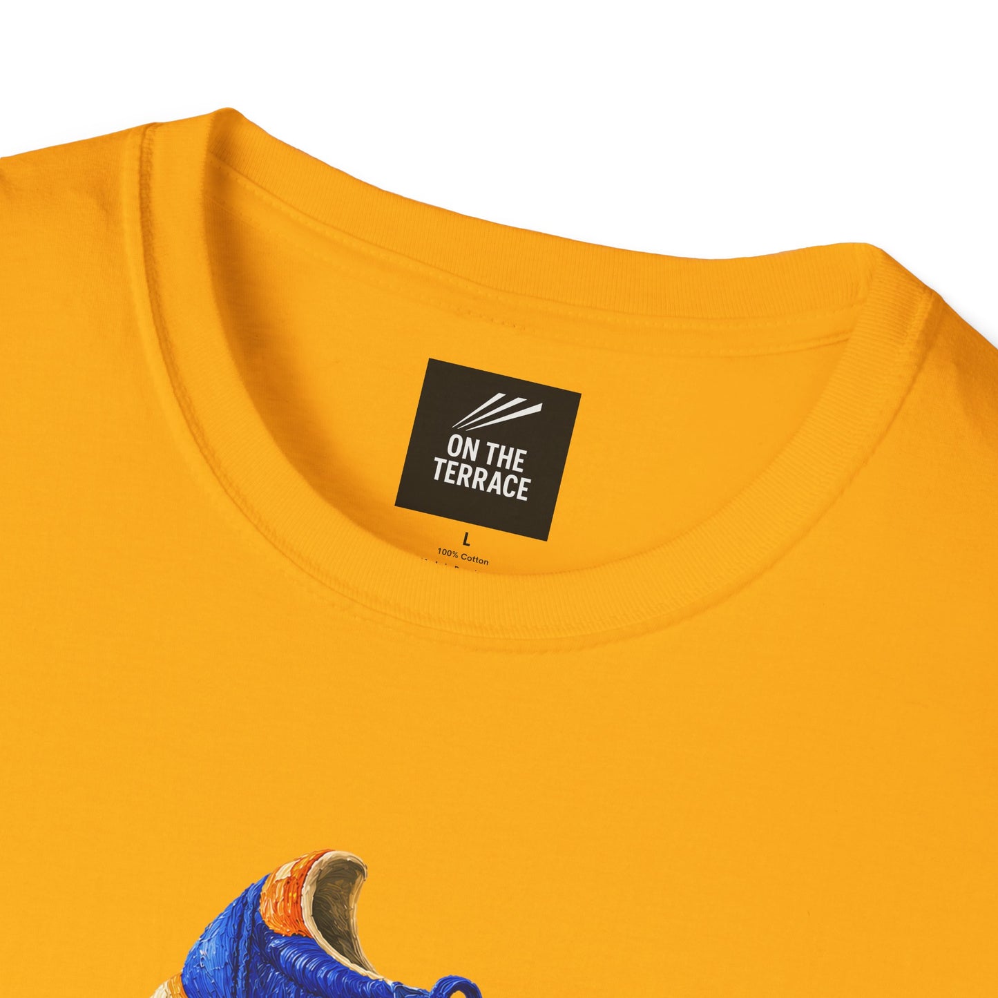 Close-up of a bright Gold t-shirt with hand-illustrated blue and orange retro terrace trainer sneaker graphic print, On The Terrace casual clothing brand
