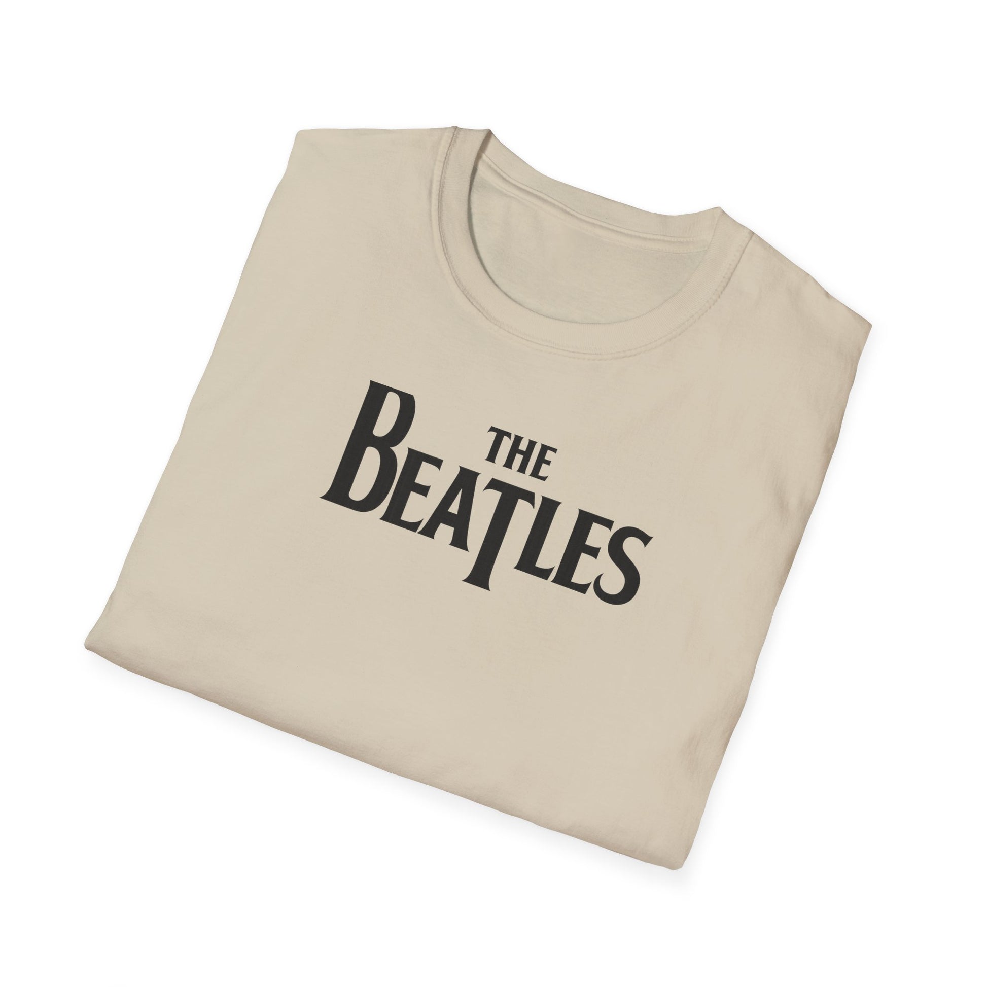 Folded up t-shirt with 'The Beatles' logo on a white background