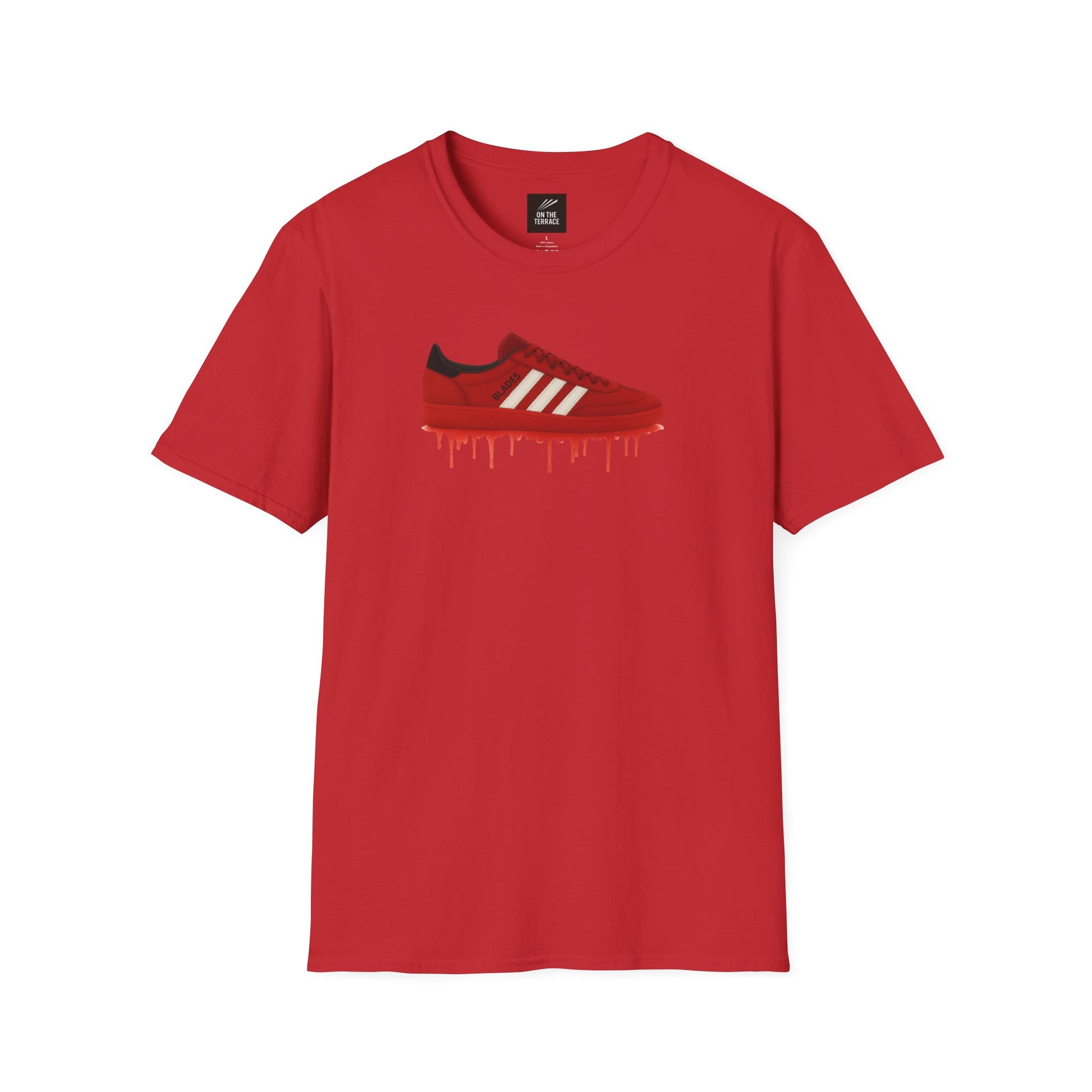 Red t-shirt with graphic of red sneaker featuring white stripes and dripping paint detail