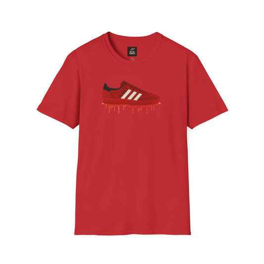 Red t-shirt with graphic of red sneaker featuring white stripes and dripping paint detail