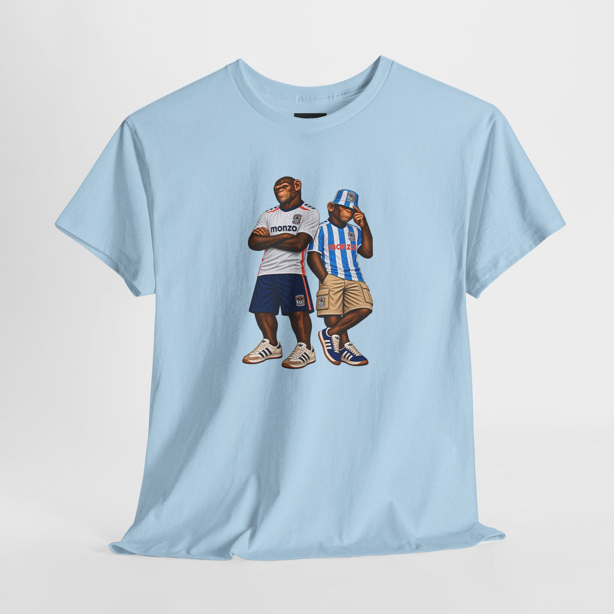 Two chimps in Sky Blues shirts, one with arms folded, one in a striped bucket hat, printed on a sky blue tee