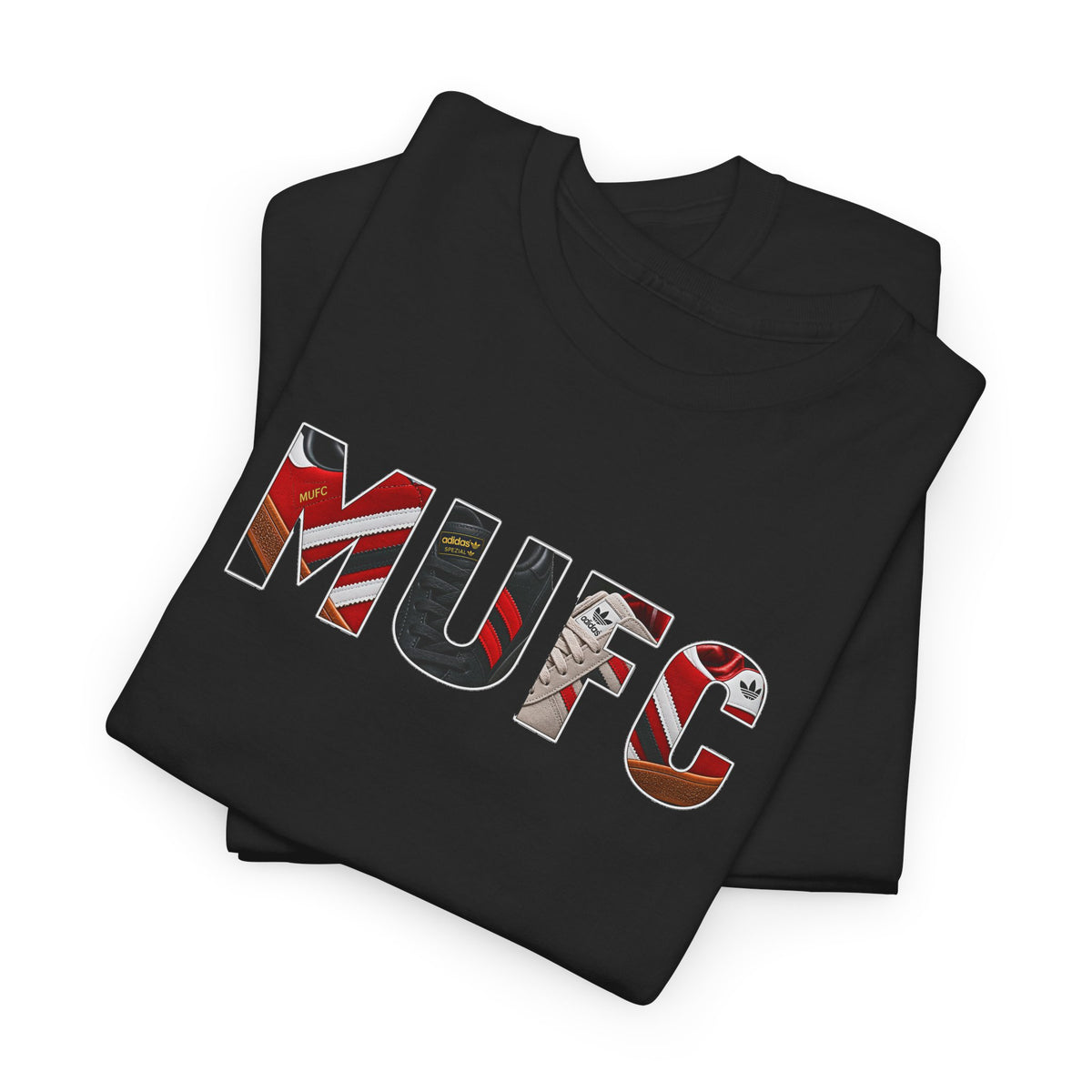 Manchester United-inspired terrace T-shirt with MUFC vintage trainer graphic