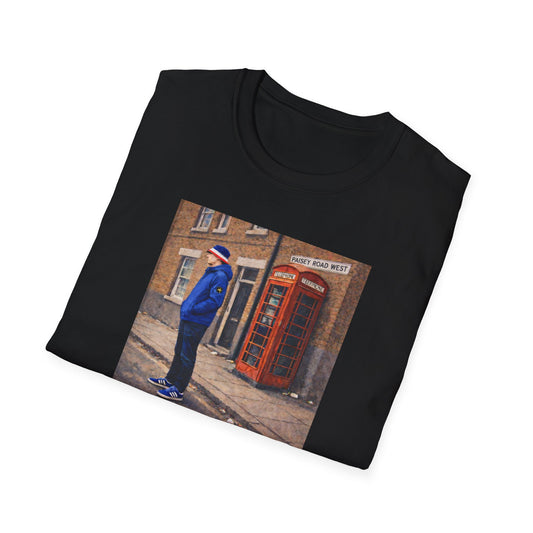 Folded Black Rangers t-shirt featuring a football casual design with a man in blue standing near a red British phone box on Paisey Road West