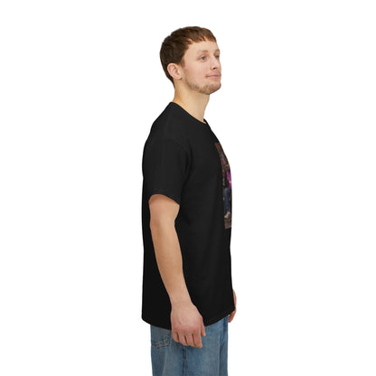 Side view of a man wearing the black Coventry Monkeys graphic tee