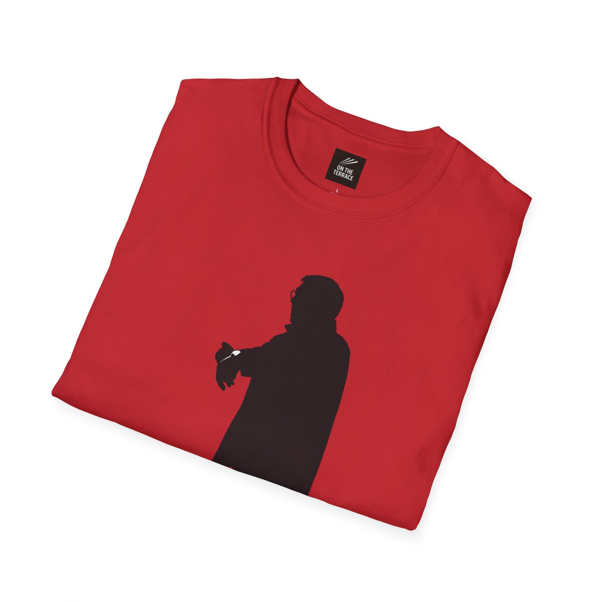 Red T-shirt with black silhouette of a man wearing glasses and checking a smartwatch