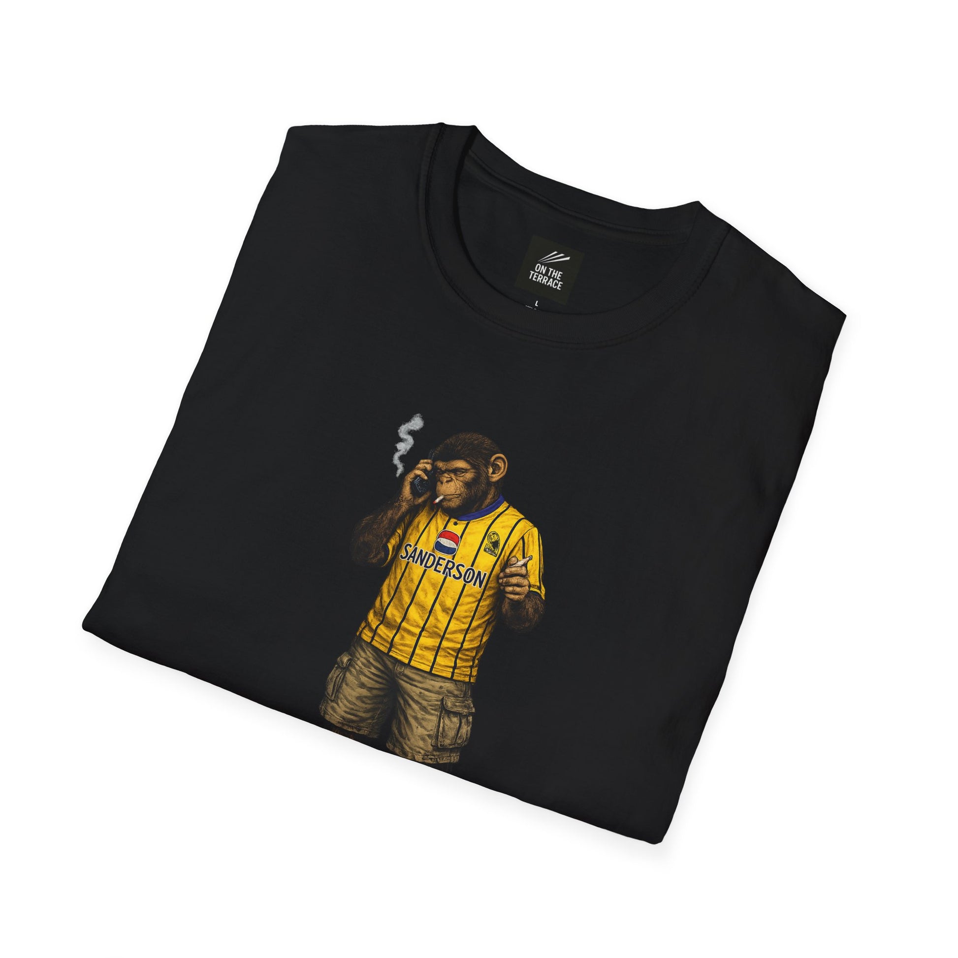 Black folded SWFC-inspired t-shirt featuring a graphic of a chimpanzee in a vintage yellow Sanderson away kit, smoking and using a mobile phone.