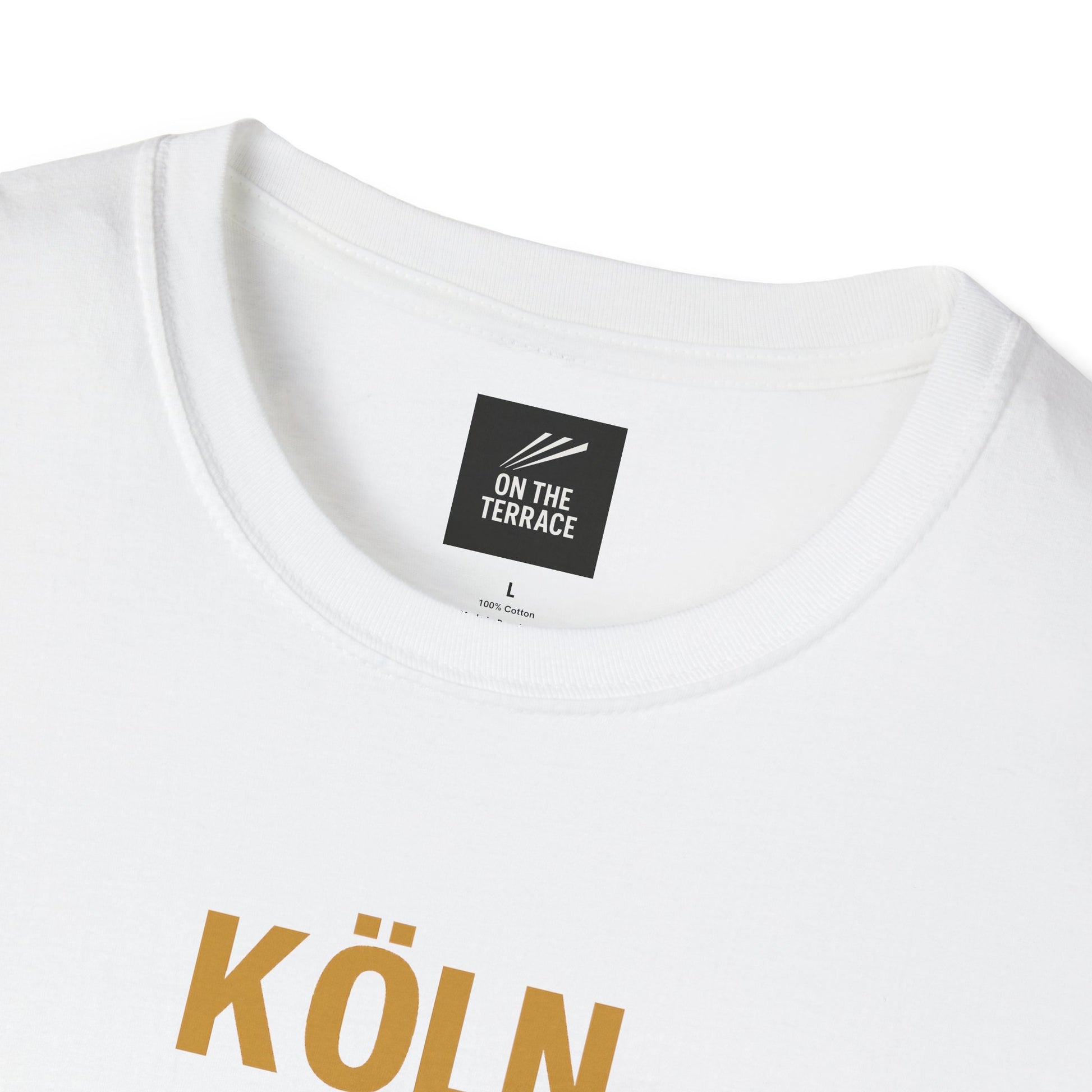 White cotton T-shirt with round neck and yellow KÖLN print, On The Terrace brand label inside