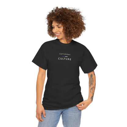 Woman in jeans wearing the black Saturday Culture football casuals tee