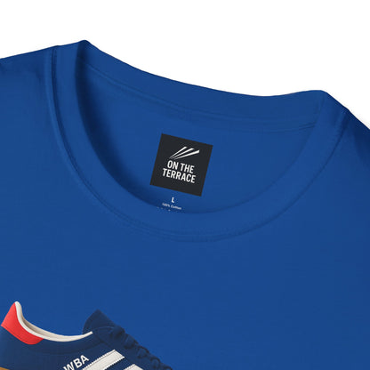 Blue cotton T-shirt with On The Terrace label and graphic of a navy sneaker with white stripes and red heel