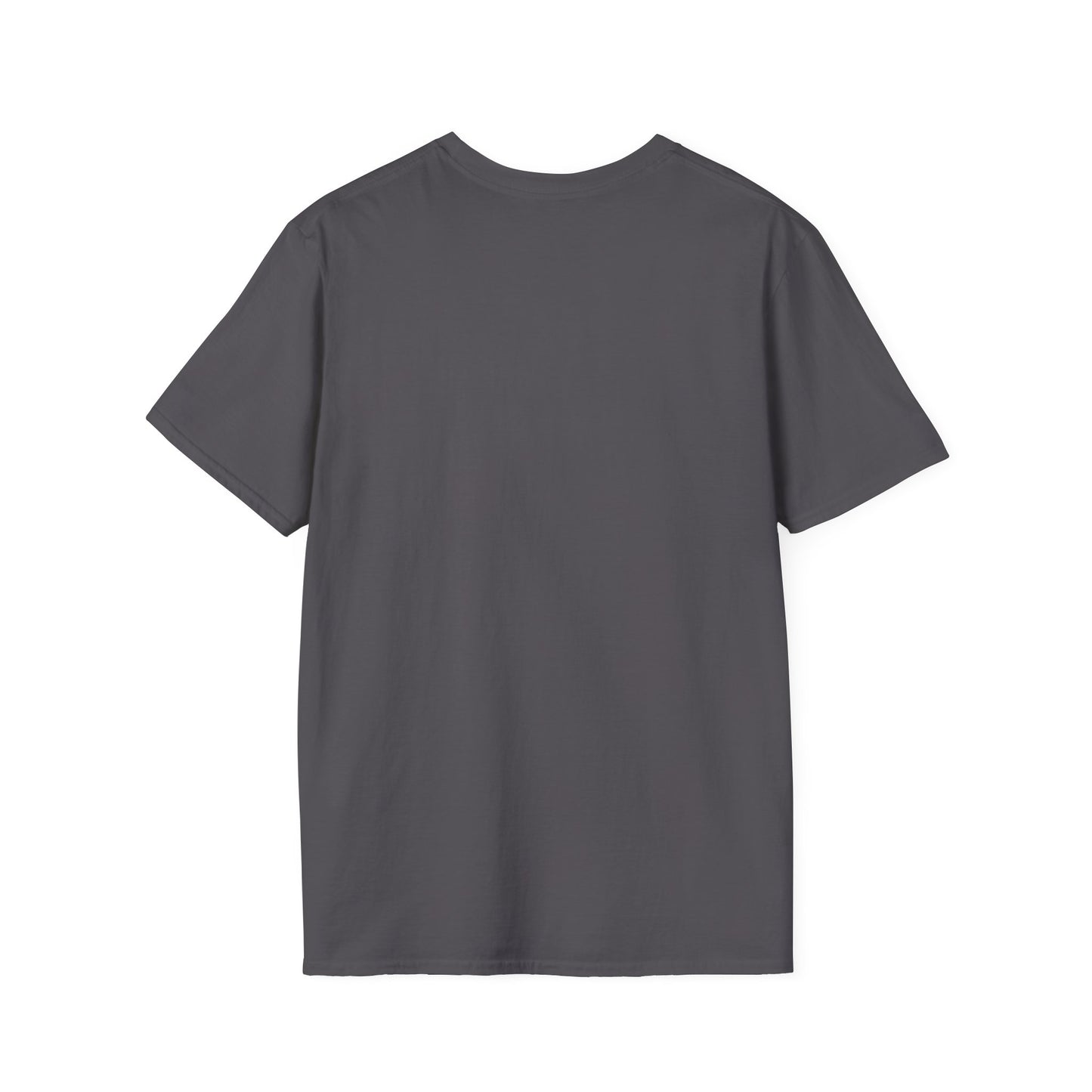 Plain dark gray short sleeve t-shirt shown from the back on white background