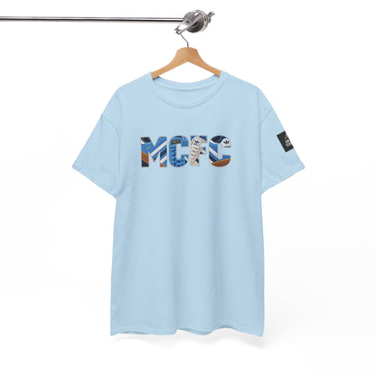 Light blue football casual T-shirt featuring MCFC retro trainer collage lettering