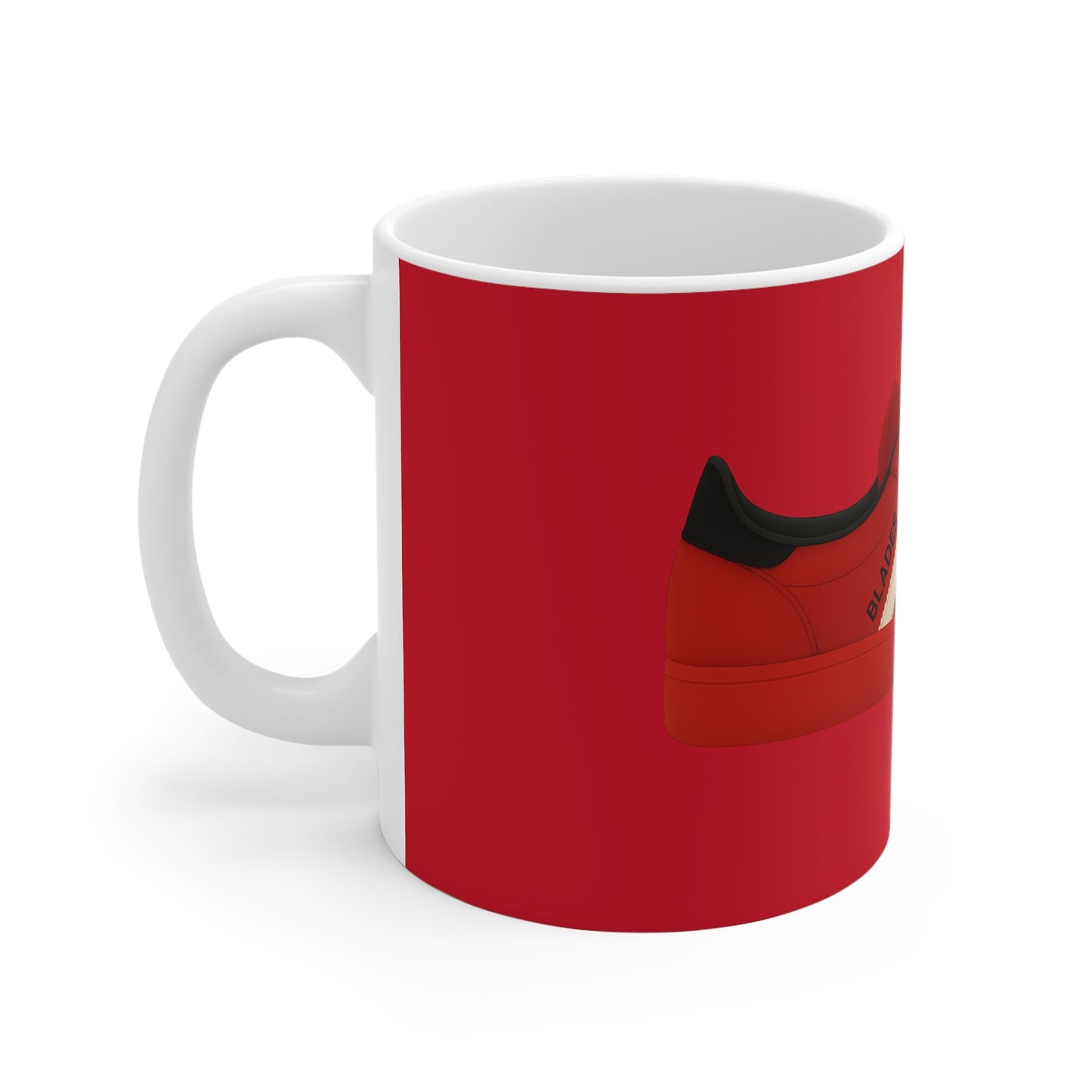 White ceramic mug featuring red and black sneaker design with "BLADES" text on red background
