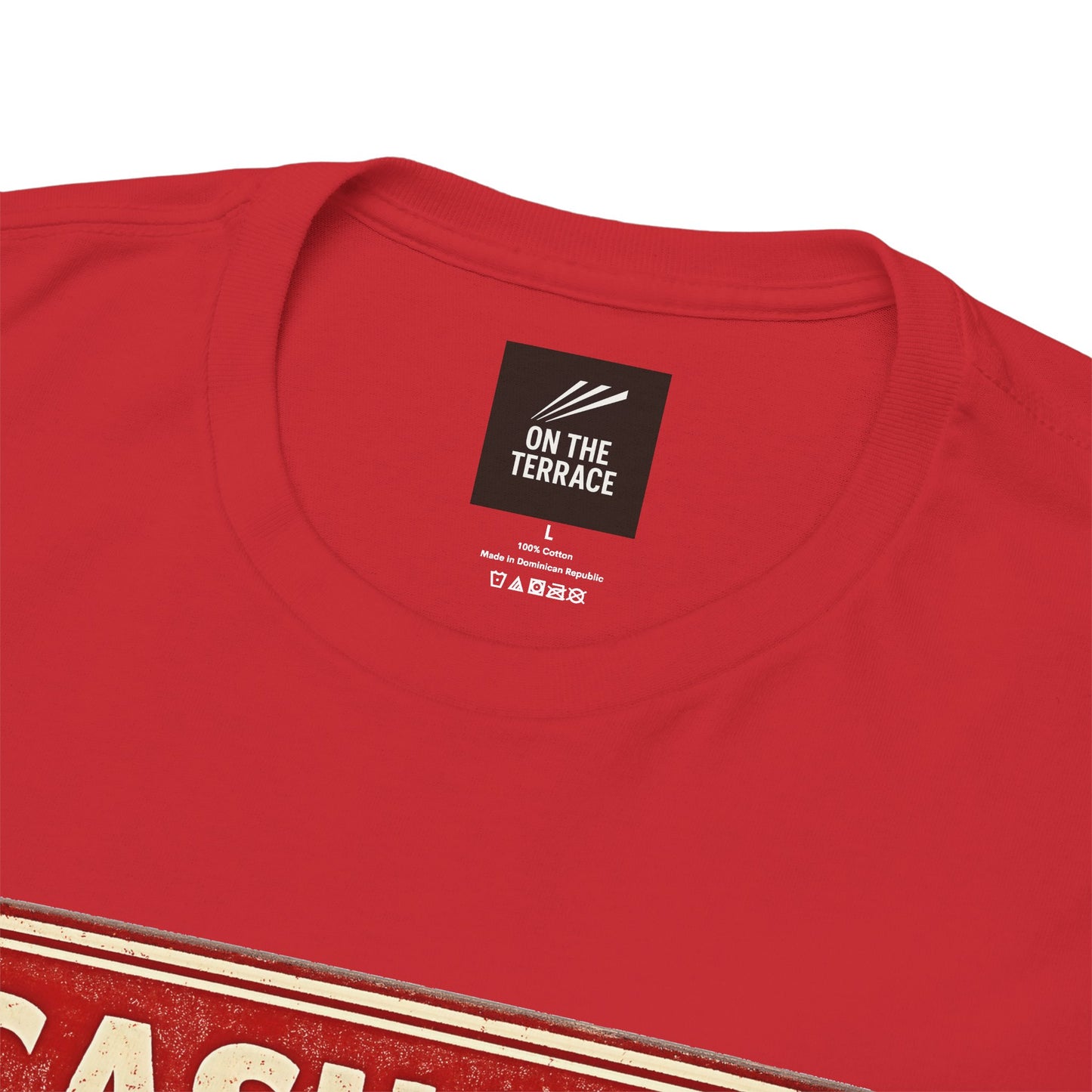Close-up of a red short-sleeve t-shirt showing the inner neck label which reads 'ON THE TERRACE' on a white background.