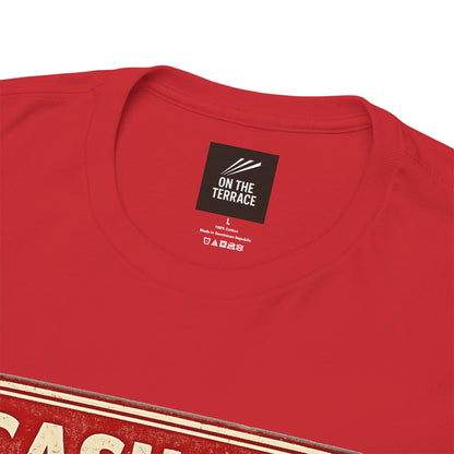 Close-up of a red short-sleeve t-shirt showing the inner neck label which reads 'ON THE TERRACE' on a white background.