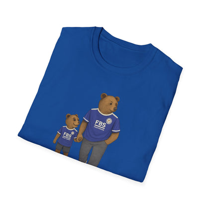 Blue t-shirt with illustration of two bears wearing matching blue FBS football jerseys holding hands