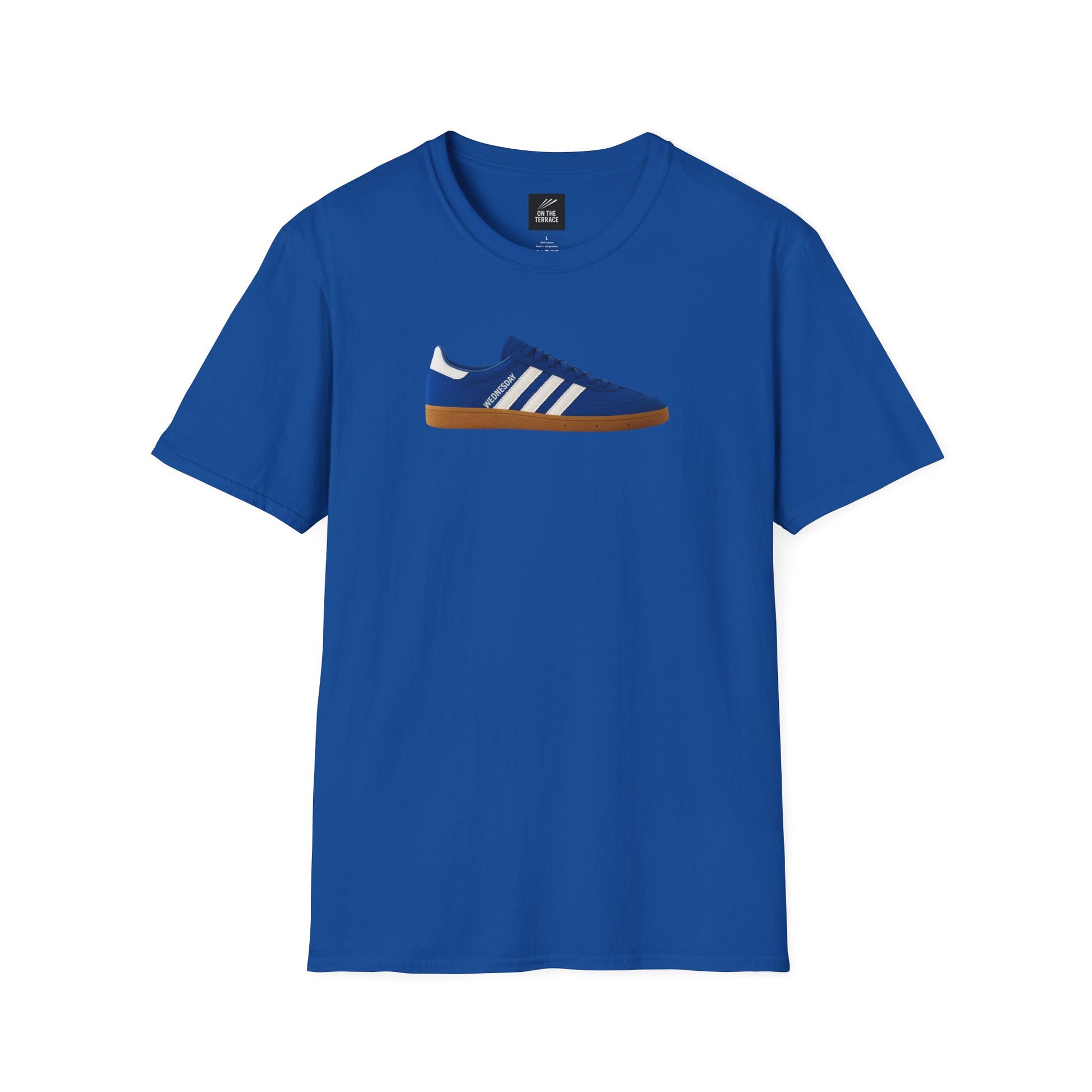 Sheffield Wednesday T-Shirt in royal blue featuring Adidas-style sneaker graphic. Soft cotton unisex tee with DTG print, ideal for sports fans.