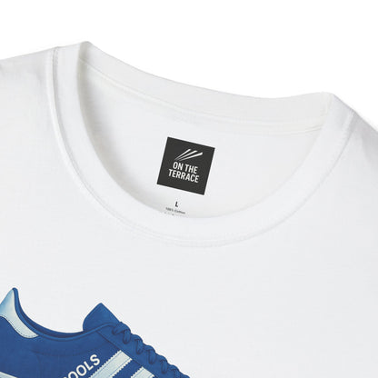 White casual t-shirt with blue trainer graphic and inner tag showing On The Terrace label