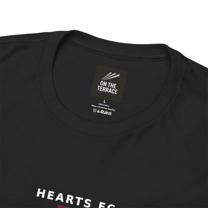 Close-up of the neck label and HEARTS FC print on the black tee