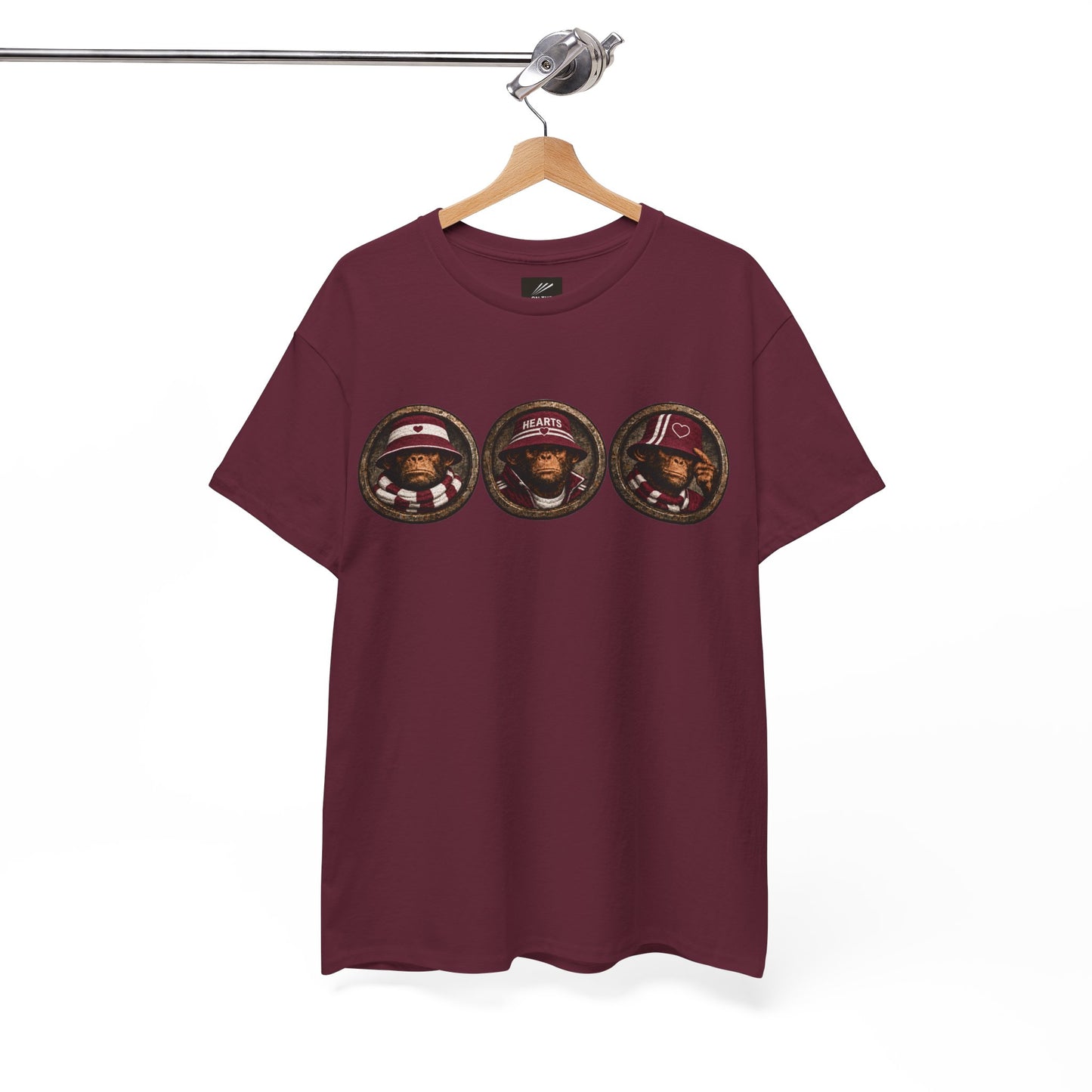 3 Wise Terrace Monkeys Hearts T-shirt with maroon and white football artwork