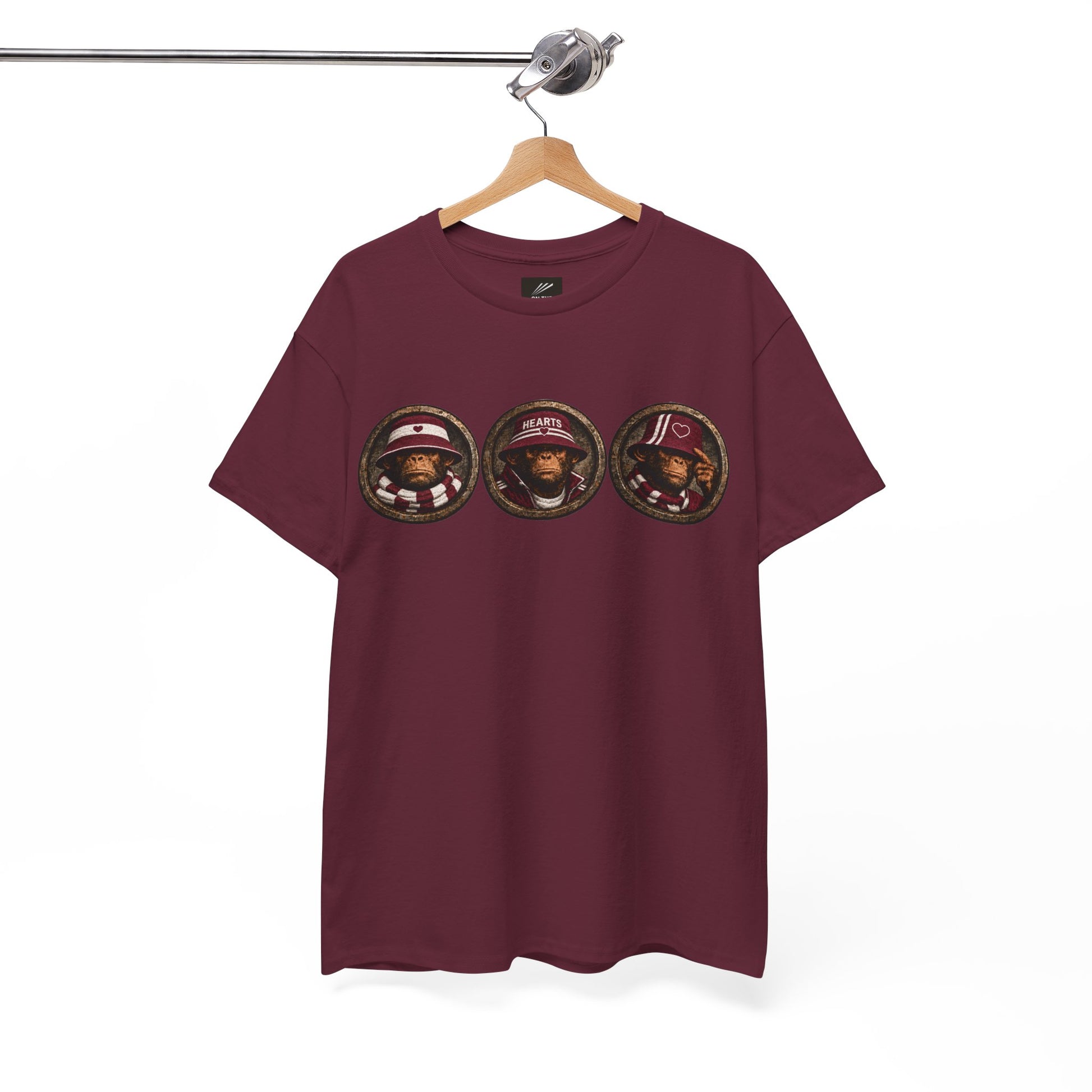 3 Wise Terrace Monkeys Hearts T-shirt with maroon and white football artwork