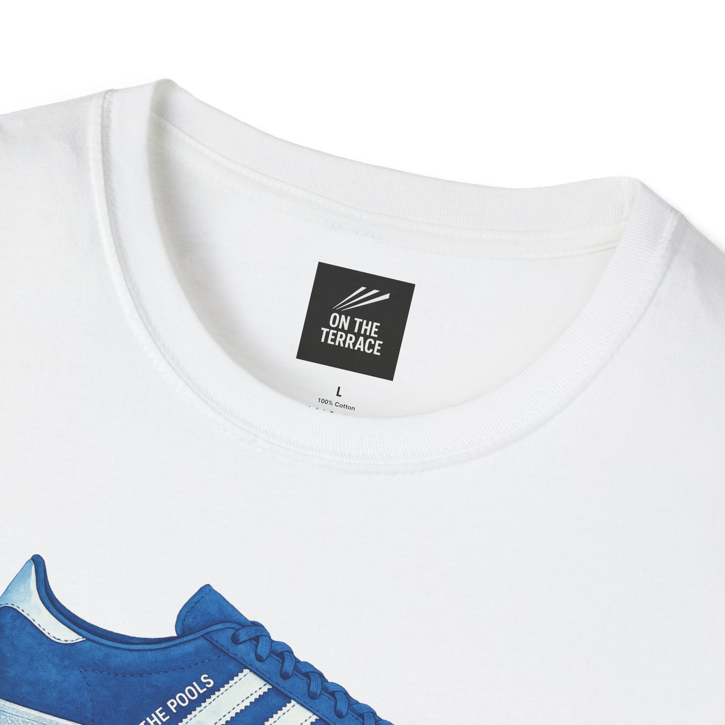 White cotton T-shirt with On The Terrace label and blue sneaker graphic print