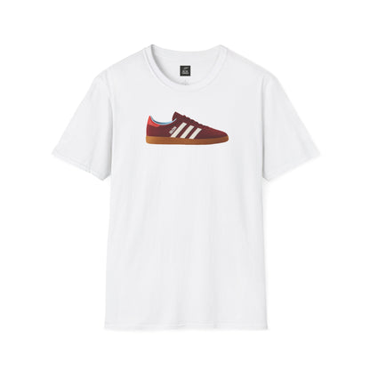 White casual t-shirt with red sneaker graphic and retro football style design