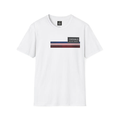 White Casuals On The Terrace graphic t-shirt with retro blue red and white stripes