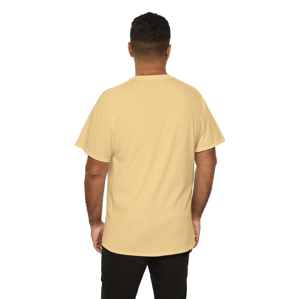Back view of a man wearing the plain-backed pale yellow Terrace Code T-shirt