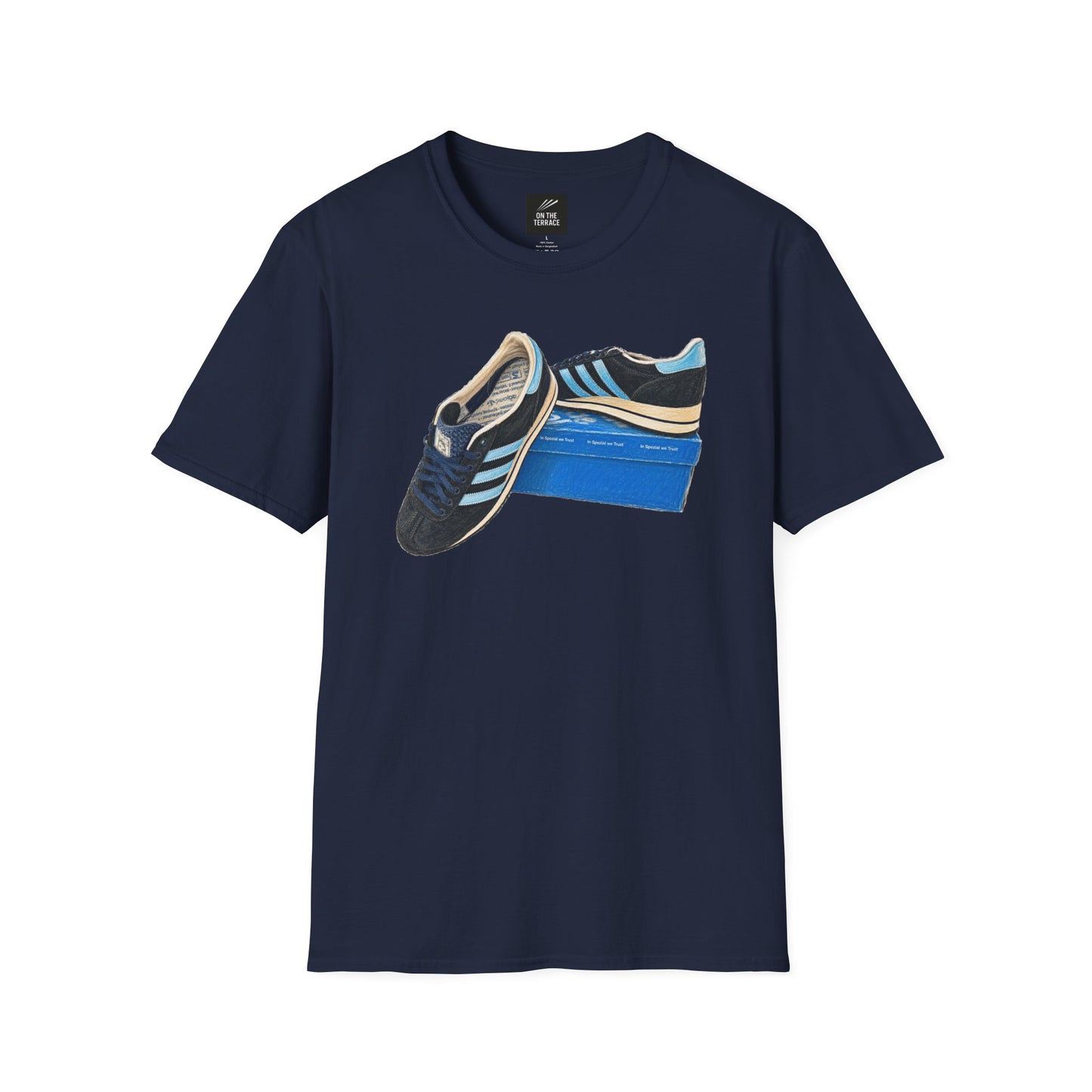 Navy blue retro sneaker graphic t-shirt with vintage trainer and shoebox print