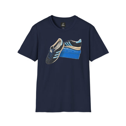 Navy blue retro sneaker graphic t-shirt with vintage trainer and shoebox print