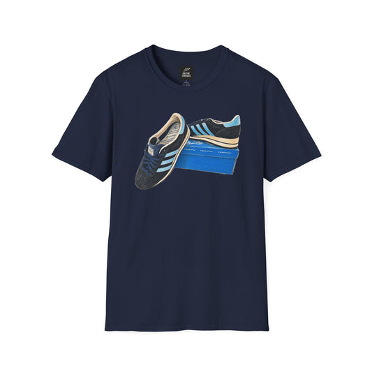 Navy blue retro sneaker graphic t-shirt with vintage trainer and shoebox print
