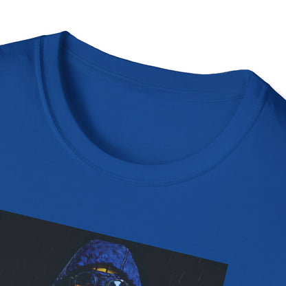Close up Blue Chelsea t-shirt with graphic of person wearing blue hoodie, yellow checkered face covering, and goggles, Chelsea logo visible