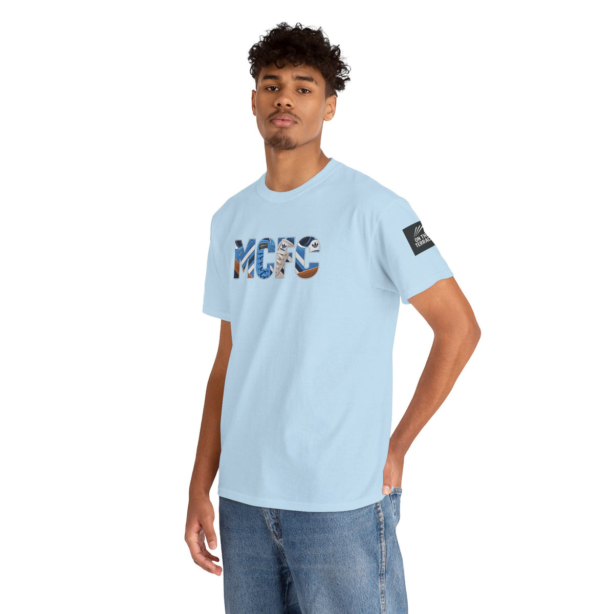 Manchester City-inspired light blue terrace tee with retro trainer artwork