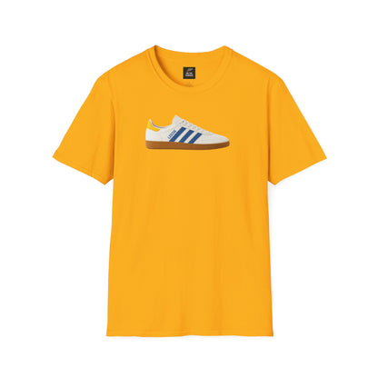 Leeds United  Yellow t-shirt with a graphic of a white sneaker with blue stripes on a white background