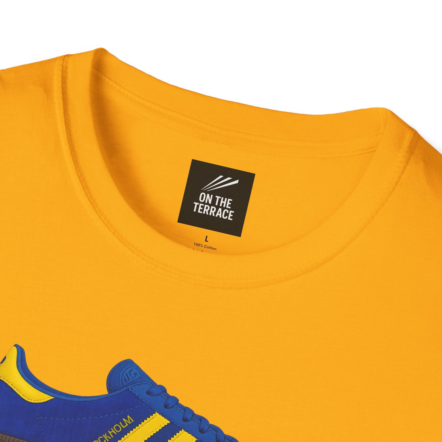Bright yellow cotton T-shirt with On The Terrace label and blue-yellow sneaker graphic