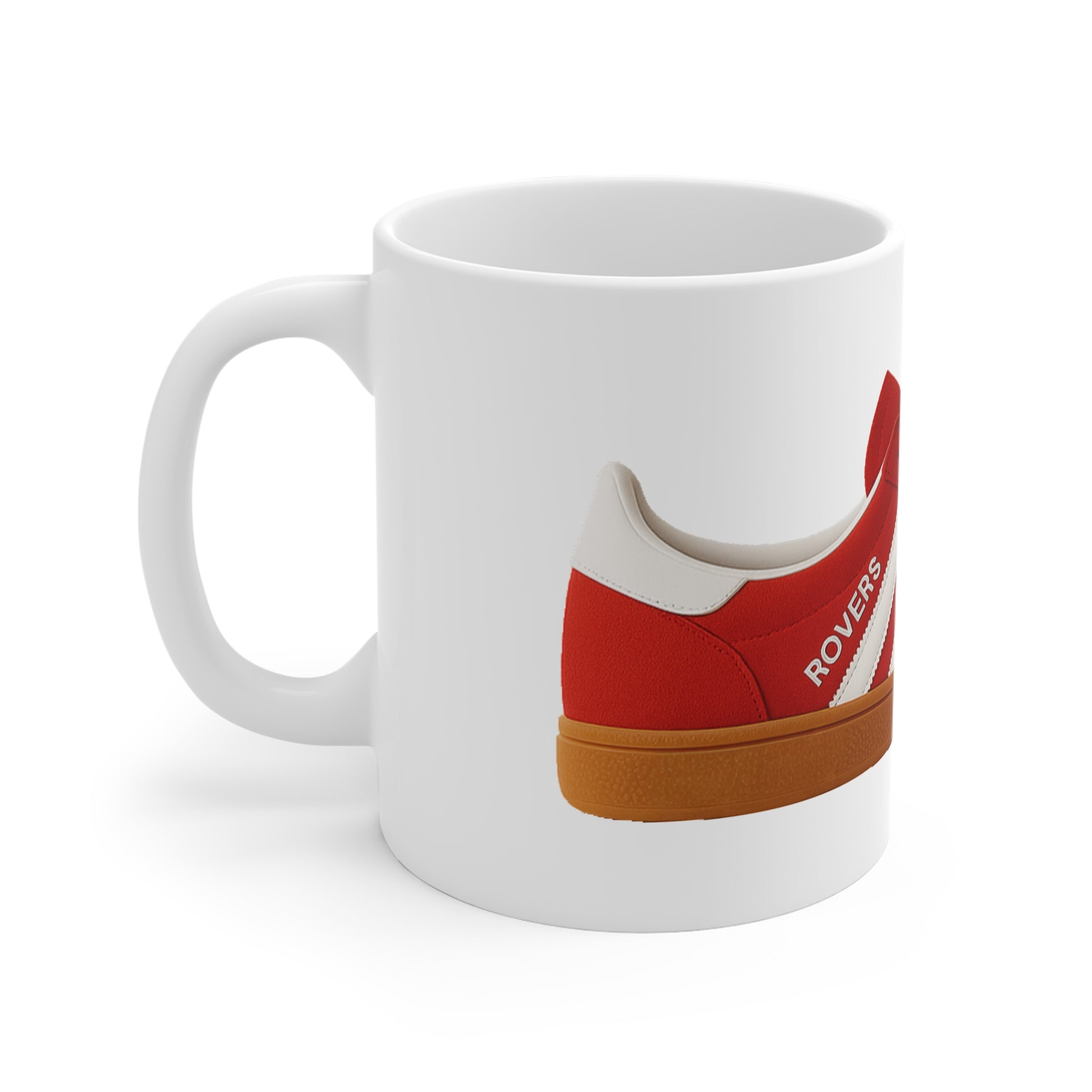 White coffee mug with a detailed red sneaker design featuring Rovers text and a gum sole