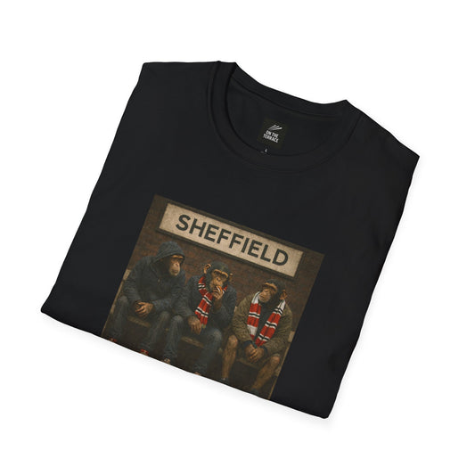 Black t-shirt with 'Sheffield' graphic on a white background
